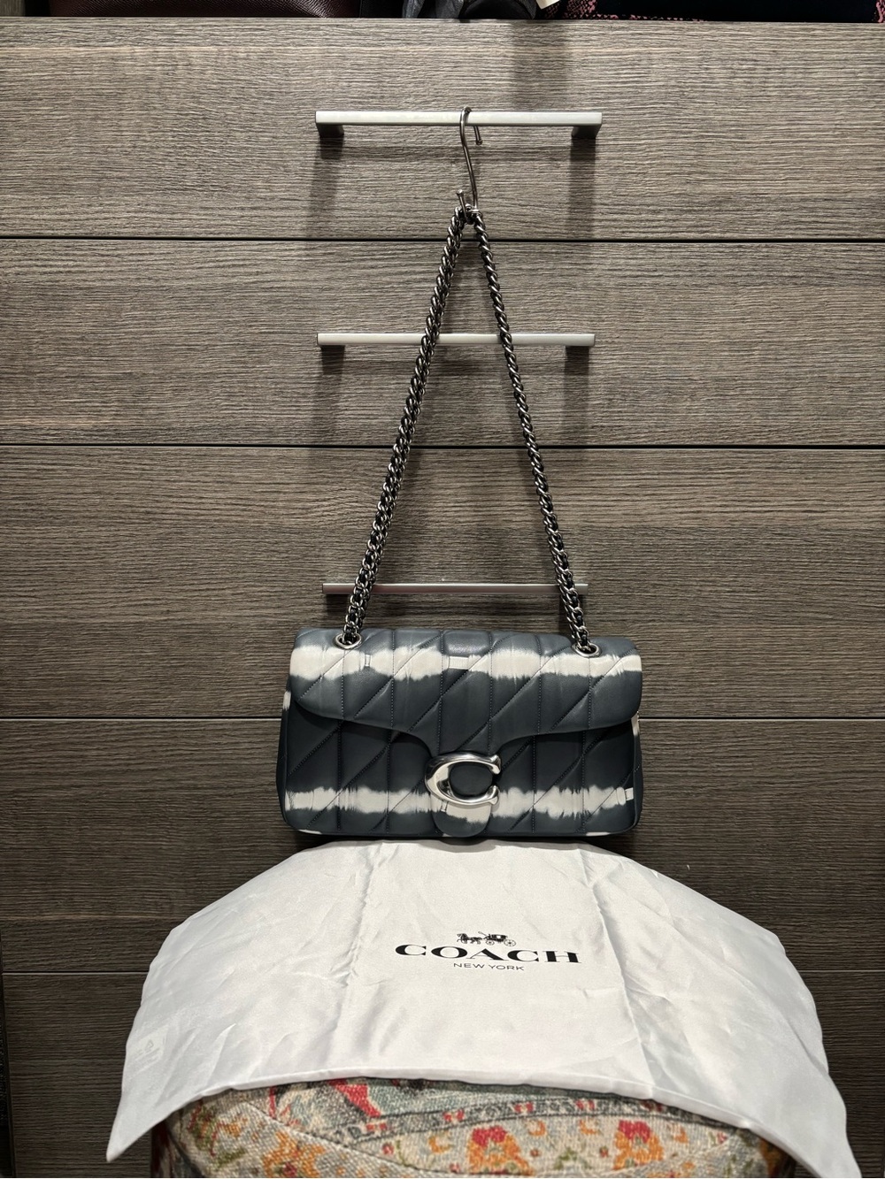 Coach Quilted Shoulder Bag in Blue and White Tie-Dye with Chain Strap